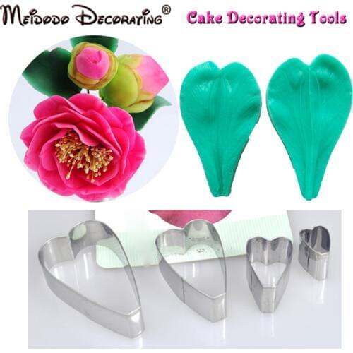 New Arrival Camellia Flower Veiner Mould Fondant Cake Decorating Tool Silicone Veiner Mould and Stainless Steel Cutters Mould