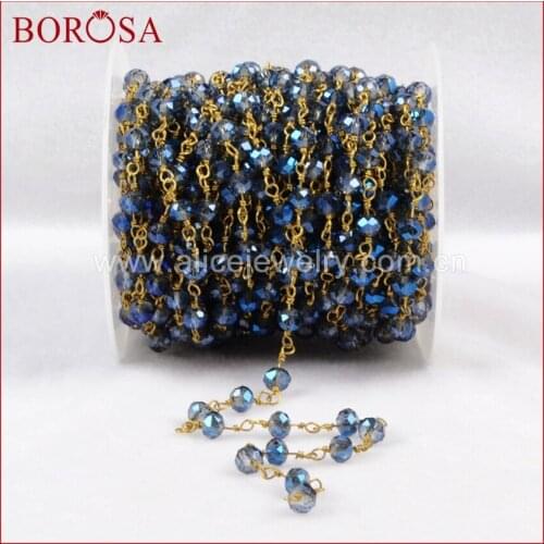 BOROSA 5M Brass Necklace Chains Titanium Transparent Blue Color Glass Beads Chains Jewerly Making JT090