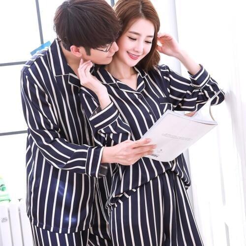 New Korean Version of Silk Pajamas Men Long Sleeve Two-piece Suit Household Clothing Women Couples Spring Autumn Sleepwear H5523