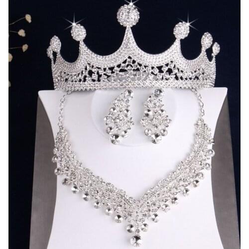 Luxury Rhinestone Tiaras Crown Choker Necklace Earrings Jewelry Sets Floral Crystal Wedding Nigerian African Beads Jewelry Sets