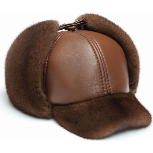 Luxurious unisex ushanka hat handmade of real mink fur with mixed cotton lining Five Colors black white Color Natural mink fur