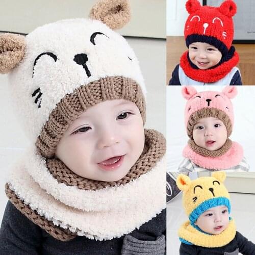 2021 Cartoon Cute Babys Har Toddler Newborn Beanie Warm Hat Hooded Scarf Earflap Cat Cute Knitted Cap Kids Autumn Winter 1-3Y