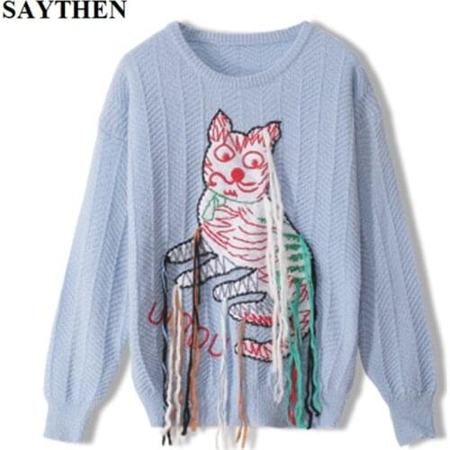 SAYTHEN Cat Applique Embroidery Tassel Blue Round Neck 2020 Autumn And Winter New Lazy Style Loose Jacquard Sweater Women