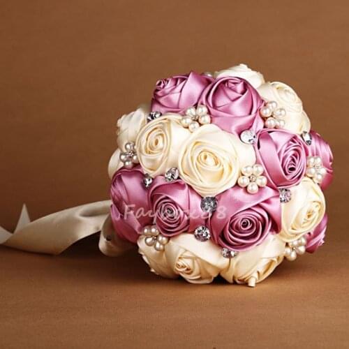"HANDMADE" Pearls Posy SILK Flowers Wedding BRIDAL Bouquet Home wedding Party Decorations Beige and purple color B012