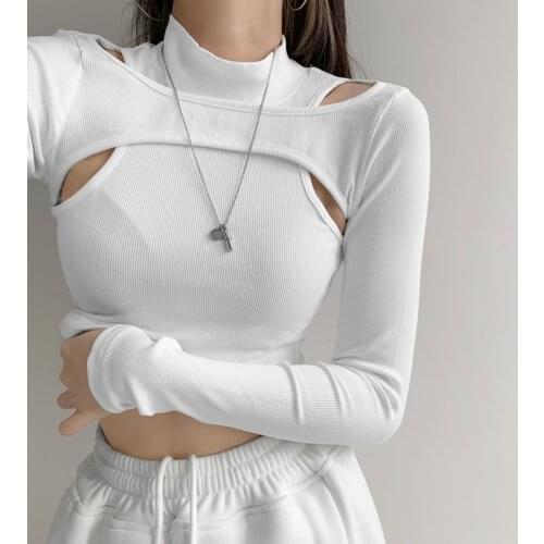 WOMENGAGA Fashion Trend Solid Color Fake Two-piece Skinny Stretch T-shirt Streetwear Half High Neck Long Sleeve Sexy Tops E21H