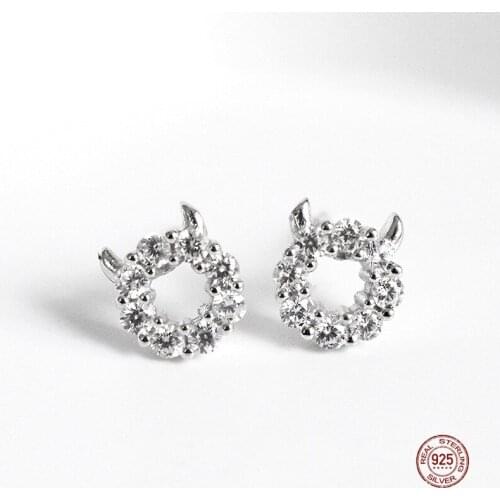 LKO Hollow Out Little Devil Stud Earrings S925 Sterling Silver Shining Zircon Pierced Earrings For Women Fashion Jewelry Gift