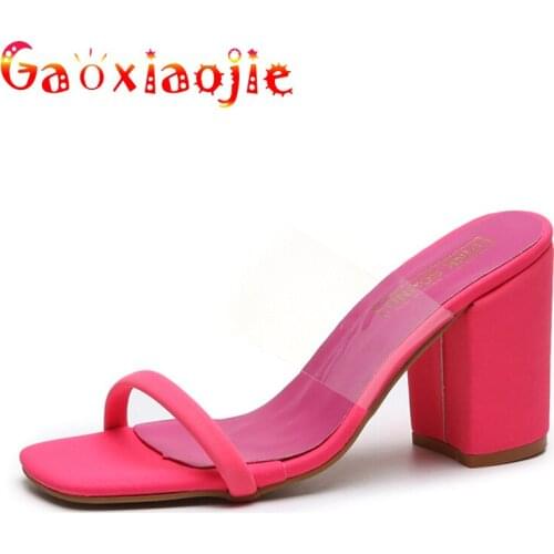 Woman Slippers 2020 Summer New word Ttransparent Belt Sandals Slides Female laLrge Size Fish Mouth Thick High-heeled Shoes Woman