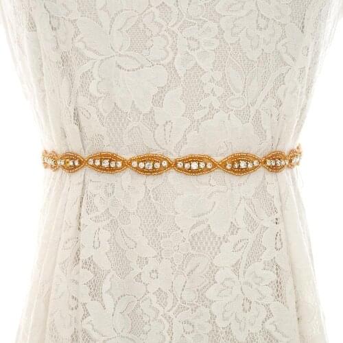 SESTHFAR Diamond Gold Rhinestones Wedding Belt Handmade Crystal Sash Thin Bridal Belt For Wedding Dress