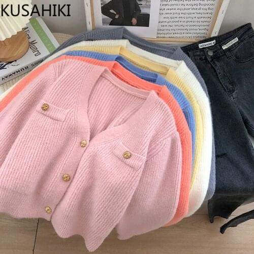 KUSAHIKI 2021 Autumn New Korean Sweater Coat Causal V-neck Long Sleeve Knitwear Tops Sweet Short Knitted Cardigan Jacket 6L584