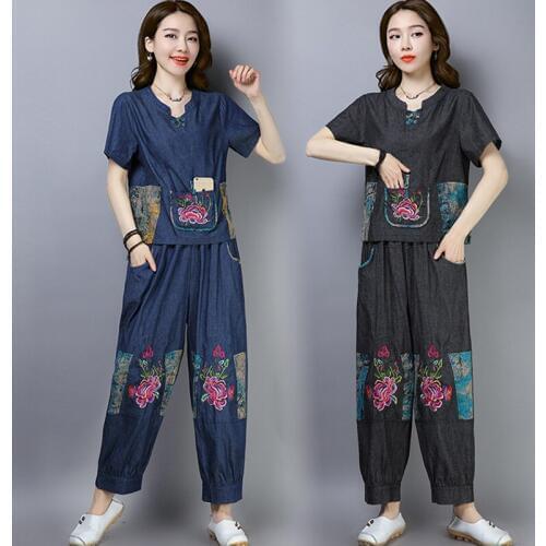 Summer Vintage womens sets National style embroidery Pant suits Tops+loose casual pants two-piece denim Short sleeve Casual Set