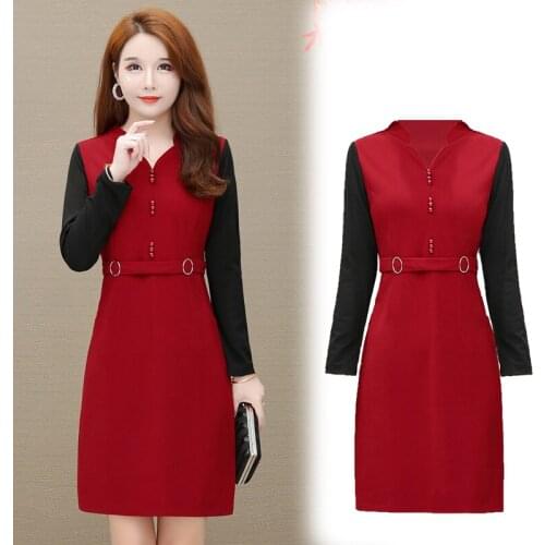 Spring autumn sexy lady solid color dress with belt casual vintage dress elegant woman tight dress plus size satin red dress