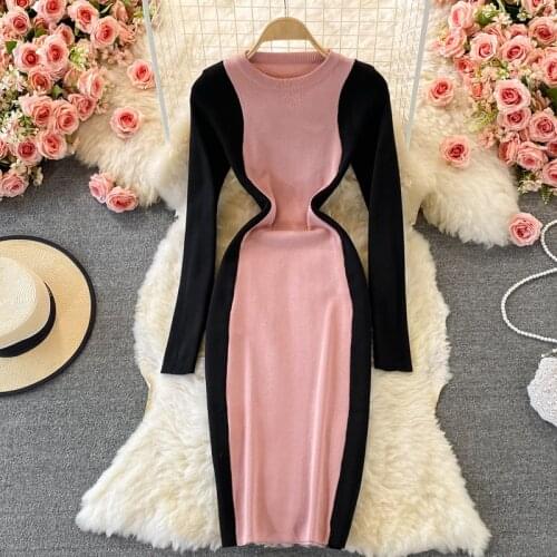 Teeuiear slim patchwork Autumn Bodycon Knitted Sweater midi pencil dress casual Winter office Women stretch knee length dress