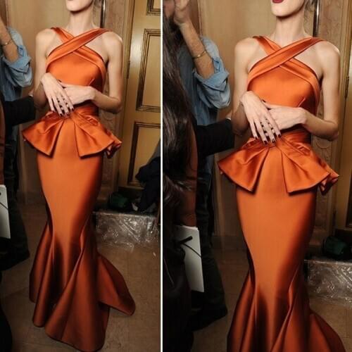 Halter Ruffles robe de soiree Mermaid Elegant Formal Fashion Gown Orange Long party prom gowns 2018 cheap bridesmaid dresses