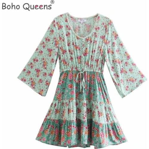 Boho Queens Vintage women rayon cotton Mini Dress ladies half Sleeve O-Neck Beach Dresses Vestidos Mujer