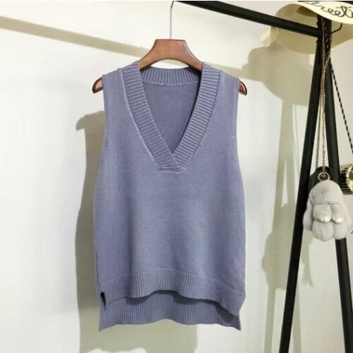 Women V-neck Knitted Vest Womens Sweater Ladies New Korean Loose Wild Sweater Female Vest Sleeveless Sweater Autumn And Winter