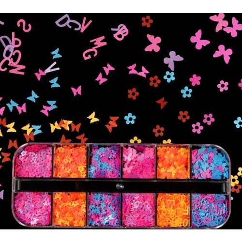 12 Grids Charm Mixed Color Fluorescent Butterfly Flower English Mix Nail Art Sequins UV Gel Sequins DIY Nail Jewelry Patches