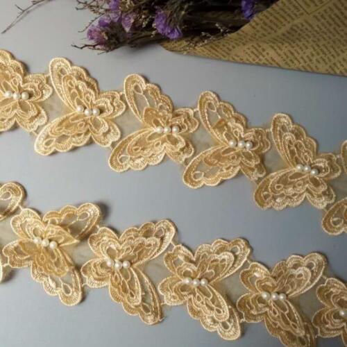 2 Yard Gold Butterfly Pearl Embroidered Lace Trim Ribbon Applique Sewing Craft Crochet Fabric Edging Trimmings Wedding