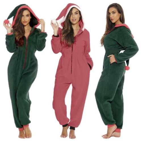 2020 New Style Women´s Xmas Pajama Long Sleeve Plush Jumpsuit Winter Warm Romper Sleepwear Christmas Loungewear Hoodie S-XXL