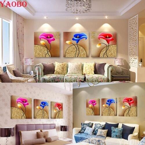 DIY Diamond Painting Cross Stitch colorful Flower 5D Diamond Embroidery Full Needlework Diamond Mosaic Modern Decoration 3 pcs