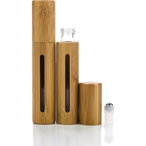 Natural Bamboo Roll Bottle Stainless Steel Roller 10 Ml Essential Bottle Refillable Perfume Container 10pcs/lot P236
