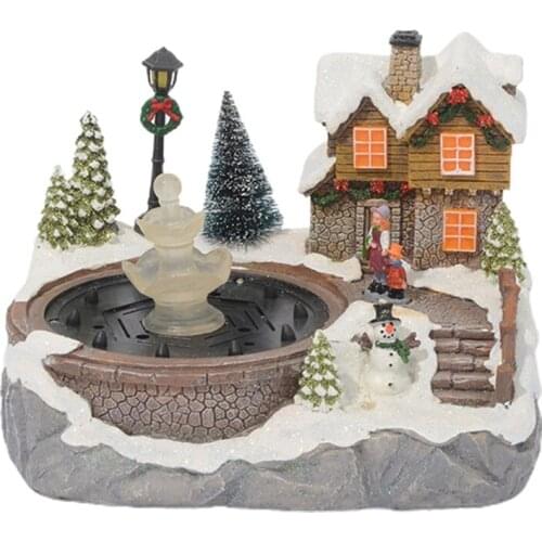 667A Christmas Village Scene Ornament Colorful LED Lighted Resin Snow House Music Water Fountain Animated Statues Figurine