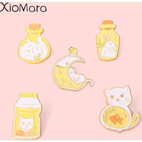 Moon Cat Bunny Enamel Pin Crescent Moon Milk Fish Tank Wishing Bottle Brooches Badges For Backpacks Bags Hats Tops Anime Jewelry