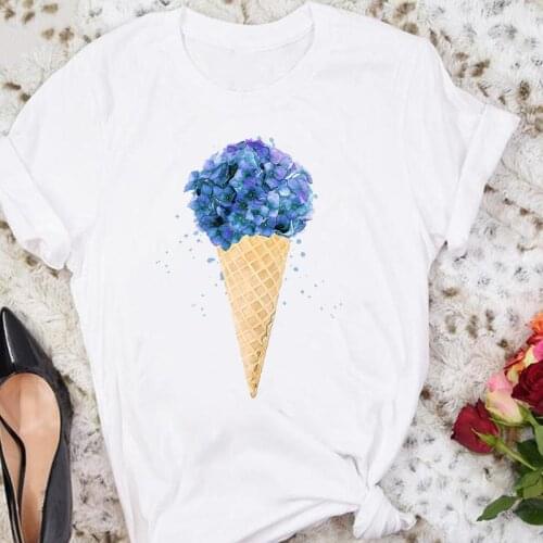Women Cartoon Floral Ice Cream Travel Short Sleeve Summer Female Tshirts Fashion Clothes Graphic T Top Lady Print Tee T-Shirt