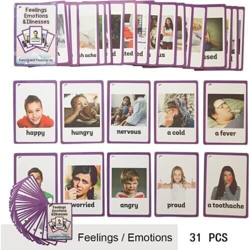 31 Pcs/Set Feelings Emotions illness English Word Pocket Flash Card Children Learning Card Early Educational Toys