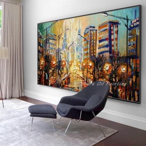 Free Shipping Hand Painting Palette Knife Abstract City Landscape Oil Painting On Canvas Wall Art Living Room Home Decor 40x120