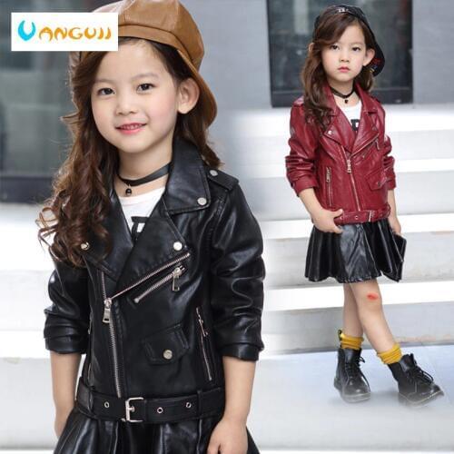 Girls coat childrens pu jacket kid outwear solid color Zipper belt long sleeve Casual Girls motorcycle jacket spring 2