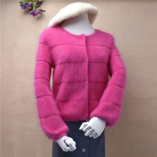 Young womens autumn small short fit high-grade mink fabric pure rabbit hair sweater knitting cardigan jacket solid coat bright