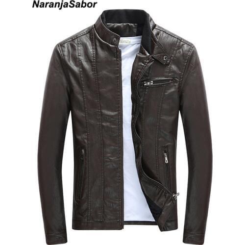NaranjaSabor Spring Autumn Mens PU Leather Jackets Stand Collar Coats Male Motorcycle Slim Outerwear Mens Brand Clothing N475