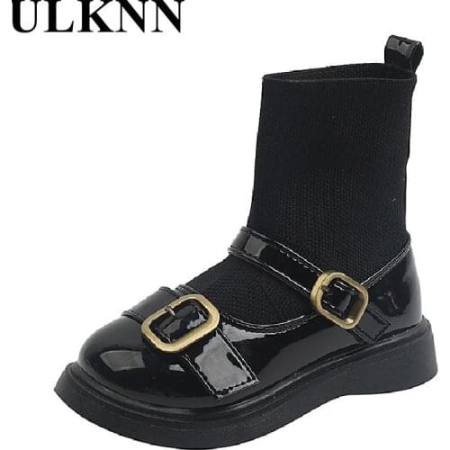 Girls Single New Boots Autumn Short Tube Cuhk Childrens Knitted Socks Boots Childrens Belt Buckle Rubber Leather Shoes