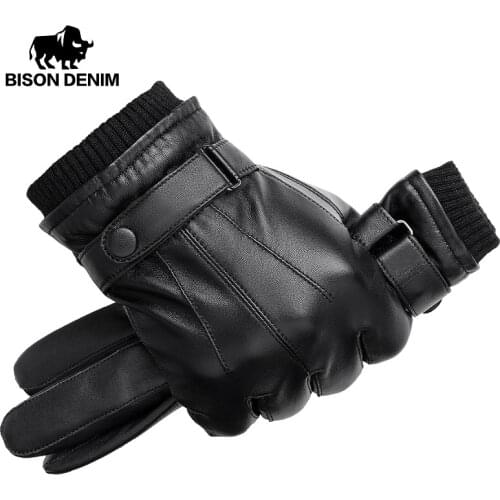 BISON DENIM Men Genuine Sheepskin Leather Gloves Autumn Winter Warm Touch Screen Full Finger Black Gloves High Quality S019