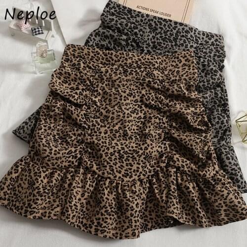 Neploe Pleated Ruffled Temperament Skirt Women Fashion Leopard Print Faldas Largas Mujer 2021 Autumn High-waist Woman Skirts