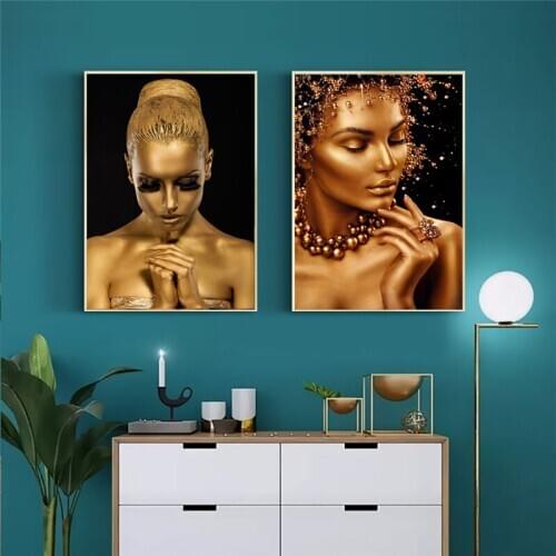 Black Yellow Body Character African Sexy Woman Oil Painting Canvas Posters and Prints Scandinavian Wall Picture for Living Room