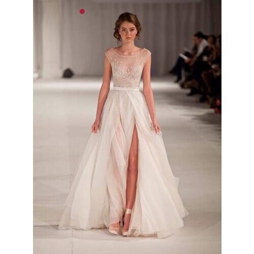 Sexy Elegant Runway Tulle Scoop Tank Embroidery Side Slit Long Strap Evening Fromal Celebrity Dresses