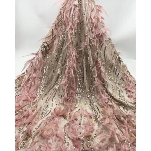 Special ZH-109887 glued glitter african Tulle lace fabric french net lace fabric with feather