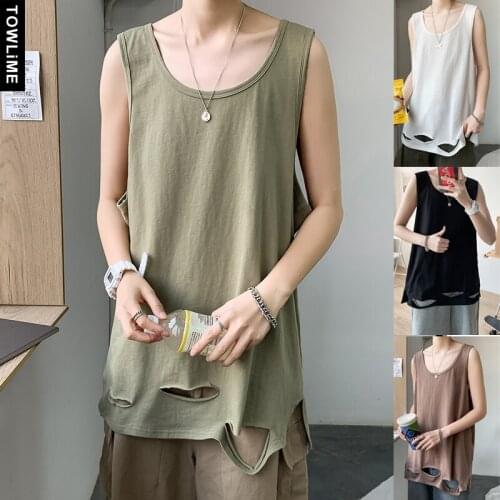 TOWLiME Chic Men Hole Streetwear Cotton Sleeveless Tops Summer Hip Hop Singlet Solid Tank Top Male Round Neck Loose Vest Shirts