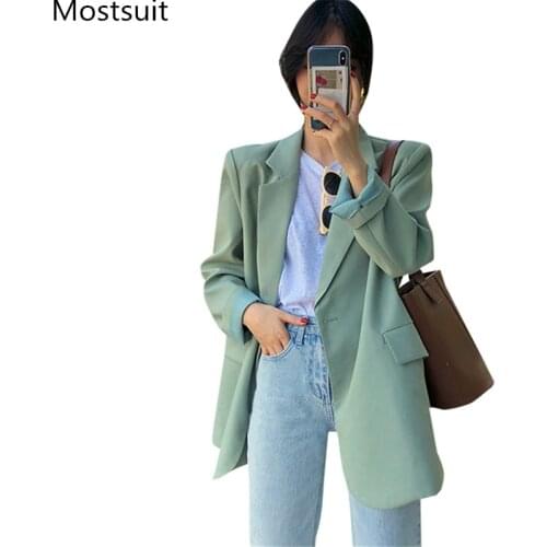 Korean Casual Fashion Women Blazers Coats Women Long Sleeve Notched Collar Pockets Tops Office Loose Female Blazers Femme 2020