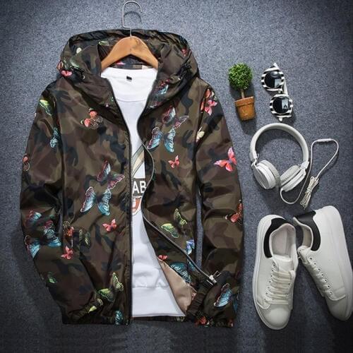 April MOMO 2021 Men Spring Autumn Jackets Male Casual Camouflage Butterfly Print Clothes Zipper Hoodie Jacket Windbreaker Men