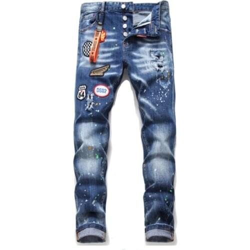 Dsquared2-Mens embroidered jeans, slim pants, punk, fashion clothes means jeans hip hop pants