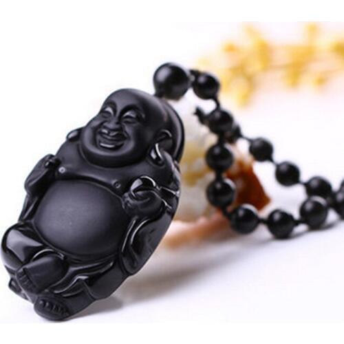 Top Quality Natural Black Obsidian Stone Pendant Maitreya Laughing Buddha Pendant Necklace Gift for Men Women Jewelry Free Chain