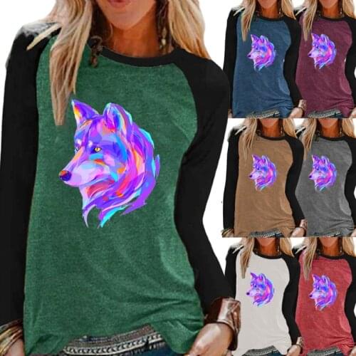 Womens Fashion Autumn Casual Round Neck Loose Wolf Printing Long-sleeved Shirt Raglan Sleeves Plus Size T Shirt XS-5XL