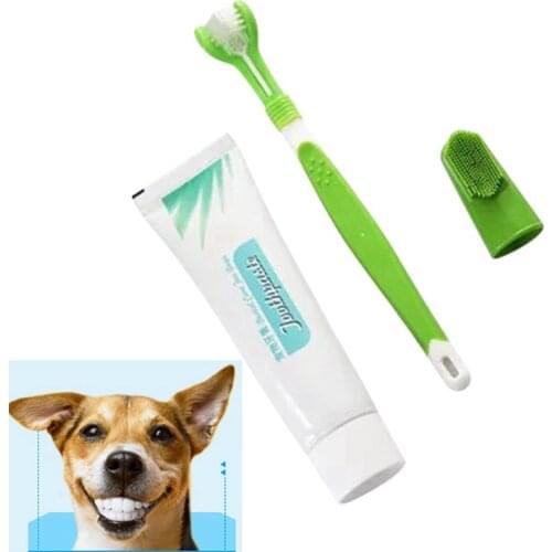 3-heads Finger Heads Edible Toothpaste Pet Dog Oral Care Cleaning Supplies Toothpaste Toothbrush Set