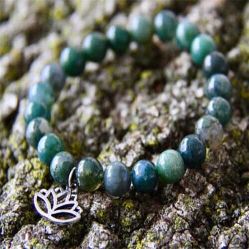 8mm Indian Agate Gemstone Mala Bracelet Lotus Buddha Pendant Tibet silver Reiki Handmade Monk Chakras Buddhism Lucky Stretchy