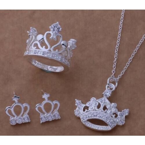 AS056 925 sterling silver wholesale crown Jewelry Sets Earring 234 + Necklace 295 + Ring 285 /beyajwfa acyaiufa