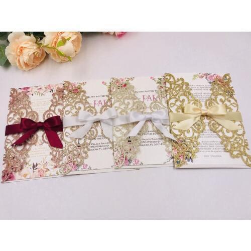 Free Shipping 1X Gold/Silver/Rose/Champagne Glitter Dark Blue/Black Hollow Flower laser cut wedding invitation cards with ribbon