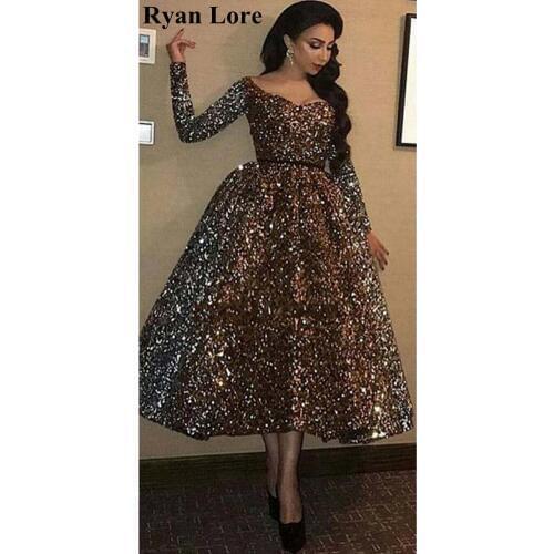 Sparkly Sequined Evening Dresses 2020 New Tea Length Ball Gown Prom Gowns Long Sleeves robe de soiree Women Party Formal mariage
