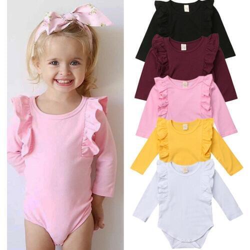 Newborn Baby Bodysuits Girl Long Sleeve Ruffle Cotton Bodysuits Pure Color Jumpsuit Outfit Set Autumn Warm Clothes 0-24M